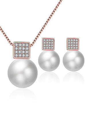 Fashion Pearl Square Rose Gold Necklace Stud Earrings Set